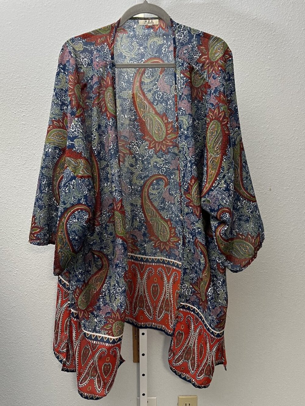 Paisley Print Open Front Kimono Jacket - Navy & Rust